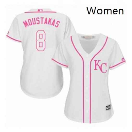 Womens Majestic Kansas City Royals 8 Mike Moustakas Authentic White Fashion Cool Base MLB Jersey